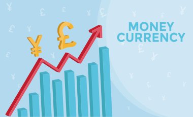 3d ok, pound sembolü, yen sembolü ile Döviz Piyasası bilgi grafiği. Forex iş kavramı ve Para Birimi. Vektör çizimi.