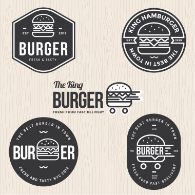 Rozetler, afiş, etiket ve hamburger, burger dükkanı için logo seti. Basit ve minimal tasarım. Vektör çizimi.