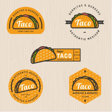 Taco logosu, rozetleri, afişleri, restoran amblemi seti. Vektör çizimi.