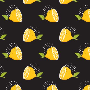 Siyah arka planda limon deseni. Kusursuz Desen. Yaz geçmişi. Doku yazdırın. Kumaş tasarımı. Vektör çizimi.