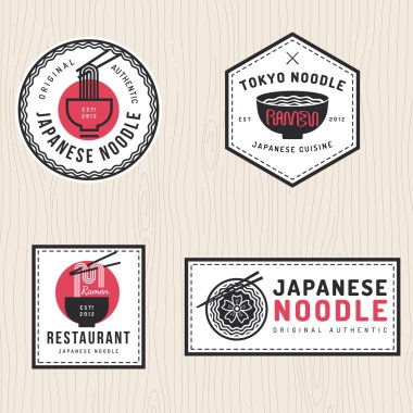 Japon erişte logosu, rozetleri, afiş, etiket, Asya gıda restoran için amblem seti. Vektör çizimi.
