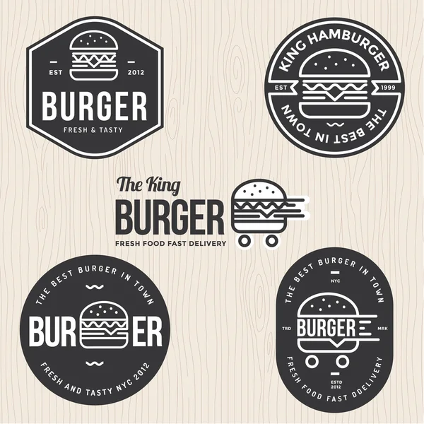 Set lencana, spanduk, label dan logo untuk hamburger, toko burger. Desain sederhana dan minimal. Ilustrasi vektor . - Stok Vektor
