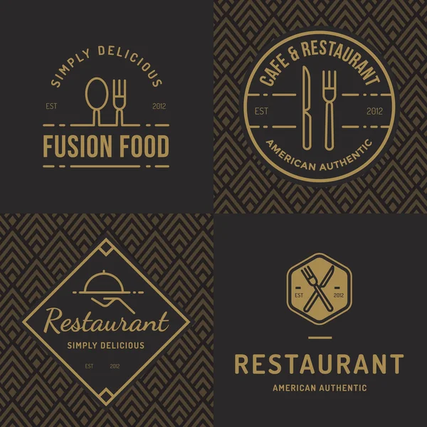 Set of badges, banner, labels and logos for food restaurant, foods shop and catering with seamless pattern. Vector illustration.