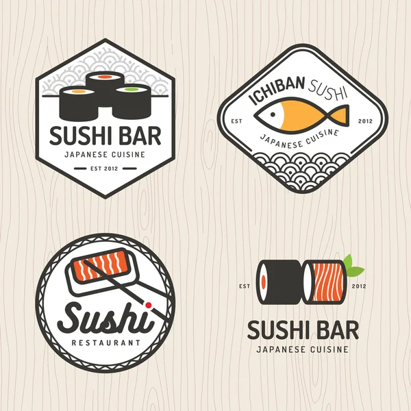 Set dari Jepang logo makanan, lencana, spanduk, lambang untuk restoran makanan Asia. Ilustrasi vektor . - Stok Vektor