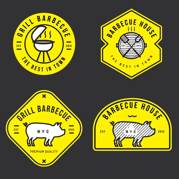 Set logo barbekyu, lencana, spanduk, label, lambang untuk toko BBQ. Garis besar desain. Desain minimal. Ilustrasi vektor . - Stok Vektor