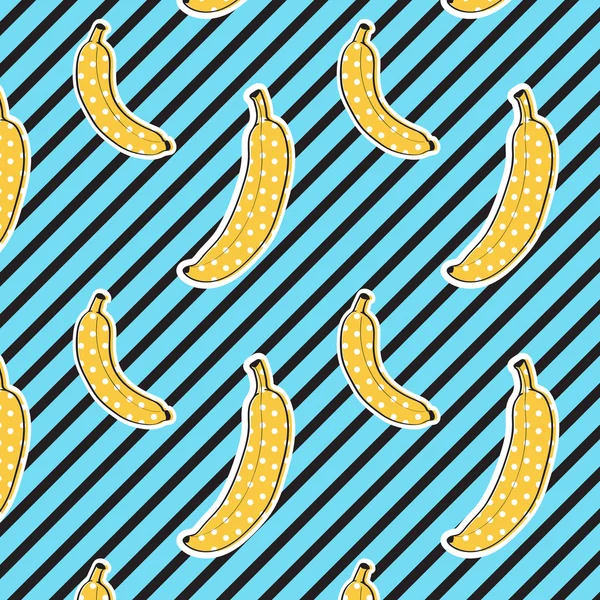 Bananen Muster auf Streifenhintergrund. nahtloses Muster. Pop-Art Farbe. Textur drucken. Stoffdesign. Vektorillustration. — Stockvektor