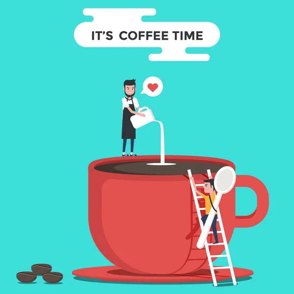 Una taza de café rojo con barista y granos de café. Es la hora del café. Pausa para el café. Diseño de fondo de pantalla. Ilustración vectorial . — Archivo Imágenes Vectoriales