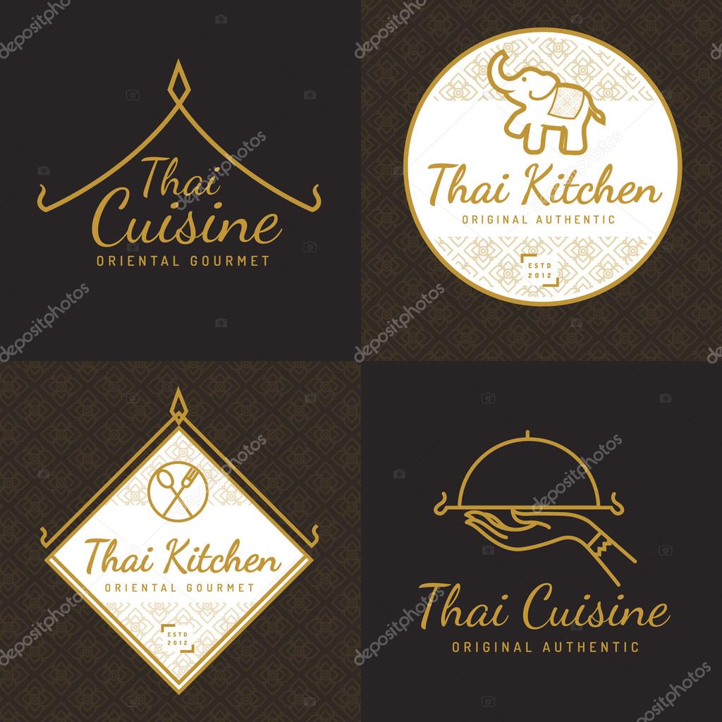 Set of golden color Thai food logo, badges, banners, emblem for asian food restaurant with thai pattern. Vector illustration.