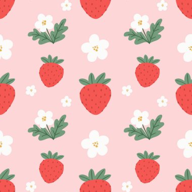 Kusursuz çilek deseni. Kumaş, ambalaj kağıdı ve duvar kağıdı tasarımı için vektör meyve illüstrasyonu.