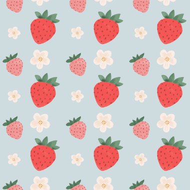 Açık mavi zemin üzerinde kusursuz suluboya çilek ve çiçek deseni kumaş, ambalaj kağıdı, duvar kağıdı ve yaz projeleri için el boyaması meyve vektör tasarımı..