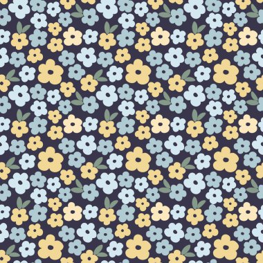 Koyu arkaplanda küçük mavi ve sarı çiçekleri olan küçük, pürüzsüz çiçek desenli. Kumaş, duvar kâğıdı, ambalaj kağıdı ve moda baskıları için el yapımı şirin bir çiçek vektör tasarımı..