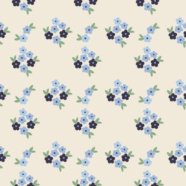 Ditsy çiçek desenleri pürüzsüz. Çiçek desenli, krema arka planında küçük mavi çiçek buketleri var. Kumaş, ambalaj kağıdı, duvar kağıdı ve bahar yaz projeleri için güzel el yapımı vektör tasarımı..