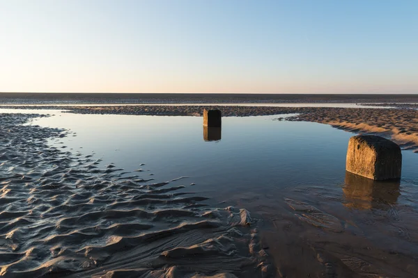 Beautiful Sunny Winters Day British Beach Sand Ripples Sky Reflecting — Stock Photo, Image