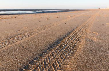 Lastik parça mesafe altın kumlu bir plaj üzerinde günbatımında gidiyor