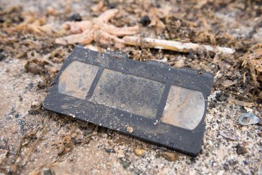 Deniz yosunu alan sığ derinliği ile çevrili bir plajda eski retro vhs kaset karaya vurmuş.
