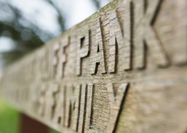 Hand carved chiseled letters on an old wooden bench covered in moss