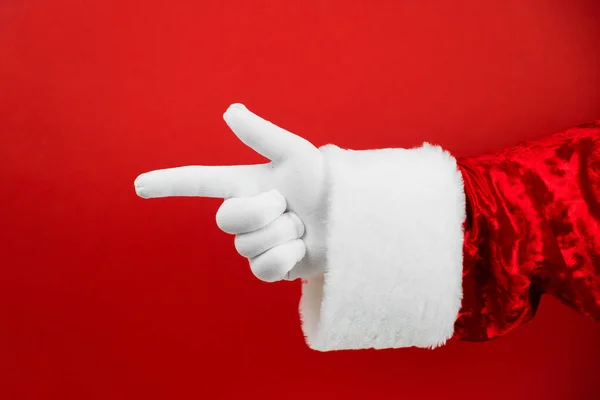 Zdjęcie Santa Claus Rękawiczki Ręce Gestem Wskazującym — Zdjęcie stockowe