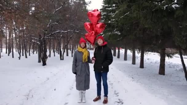 Romantikus fiatal hipszter párok szeretik az időt a téli parkban. Szerelem, Valentin nap és ünnepi fogalom. Csók és ölelés — Stock videók