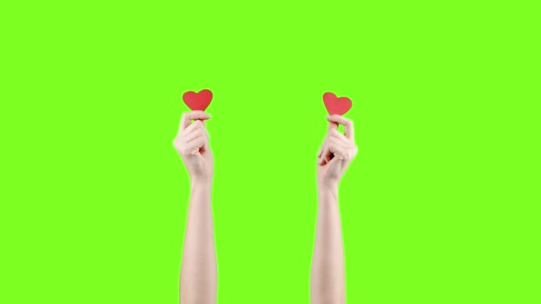 Female blogger hold in hand little red heart on green screen. Like in social network. Valentines day, international women day, love — Stock Video