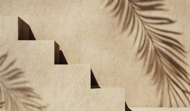 Kozmetik ürün sunumu için asgari somut doku arka planı. Bej rengi doğal taş duvarda tropikal palmiye yaprağı gölgesi olan premium podyum. Gerçekçi 3D canlandırma