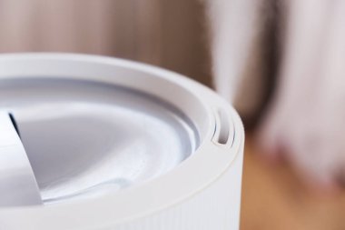 Modern hava nemlendiricisinden çıkan buhar, evde aroma yağı yayıcı. Bir evde yaşamanın rahatlığını geliştirmek, refahı arttırmak. Ultrasonik buhar teknolojisi.