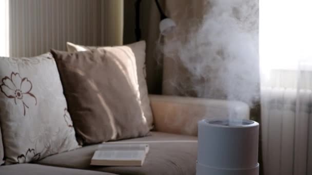 現代の空気加湿器、自宅でアロマオイルディフューザー。家の中での生活の快適さを向上させ、幸福を向上させます。超音波蒸気技術. — ストック動画