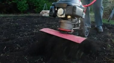 Adam toprağı motorlu ekiciyle sürüyor. Traktörün arkasında, bahçede motor bloğu var. Yerleştirme hazırlığı.