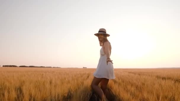 Feliz joven libre corre en cámara lenta a través del campo, tocando espigas de trigo con su mano. Campo de trigo sobre fondo del atardecer — Vídeos de Stock