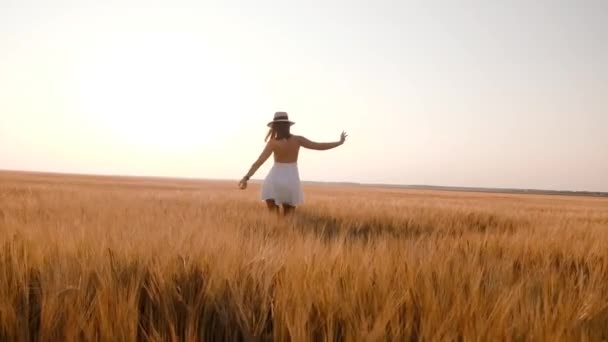 Jovem feliz e livre dançando e girando em câmera lenta através do campo, tocando espigas de trigo com a mão. Campo de trigo no fundo por do sol — Vídeo de Stock