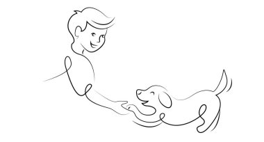 Bir çocuk bir köpekle oynar, çizim farklı kalınlıkta çizgilerle yapılır. Minimalizm. Beyaz arka planda çizgi çizimi. Şekillendirme. Dövme. Bir adamla köpek arasındaki arkadaşlık.