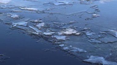 Çatlak erimiş buz nehrin yüzeyi boyunca hareket eder. Buz, saydam buz tabakalarının yüzeyde görülebilmesinden dolayı kısmen kırılmıştır. Nehirde eriyen buz. Kış