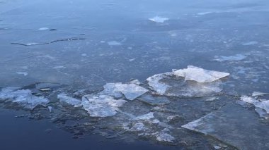 Çatlak erimiş buz nehrin yüzeyi boyunca hareket eder. Buz, saydam buz tabakalarının yüzeyde görülebilmesinden dolayı kısmen kırılmıştır. Nehirde eriyen buz. Kış