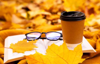 A warm autumn day with a cozy blanket, the aroma of coffee, and the quiet company of a favorite book. Autumn inspiration in every frame. Selective focus.