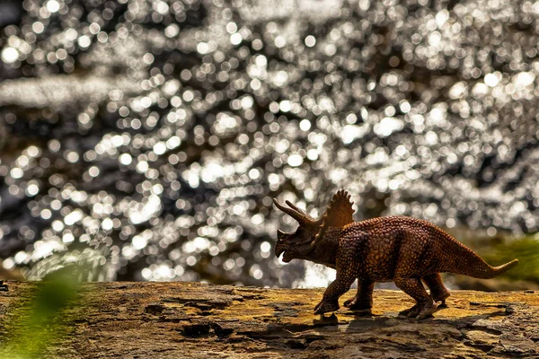 Brown Triceratops dinosaurie promenader med vatten i bakgrunden — Stockfoto