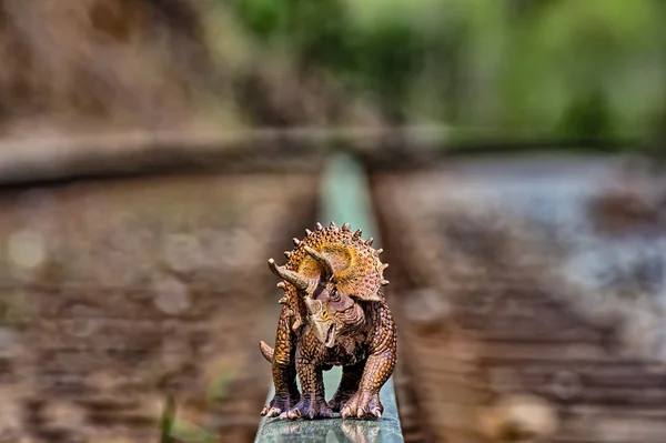 Brun triceratops dinosaurie går på järnvägsspåren — Stockfoto