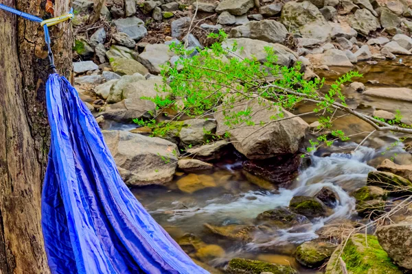 Blaue Hängematte im Wald mit kleinem Fluss — Stockfoto