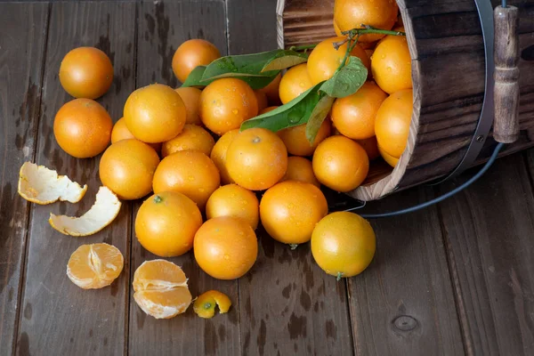 Tangerine Lucu Tumpah Dari Ember Woden Backgroung Pemandangan Samping — Stok Foto