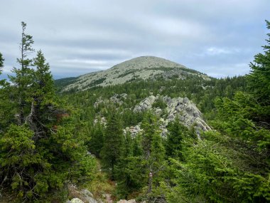 Kruglitsa Dağı 'nın güney yamacından ve peri masalları vadisinden görünüşü. Popüler turizm merkezi. Taganay Ulusal Parkı. Zlatoust şehri. Chelyabinsk bölgesi. Güney Ural. Rusya.