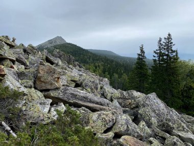 Mitkini harika. Otkliknoy sırtı manzarası. Popüler turizm merkezi. Taganay Ulusal Parkı. Zlatoust şehri. Chelyabinsk bölgesi. Güney Ural. Rusya.