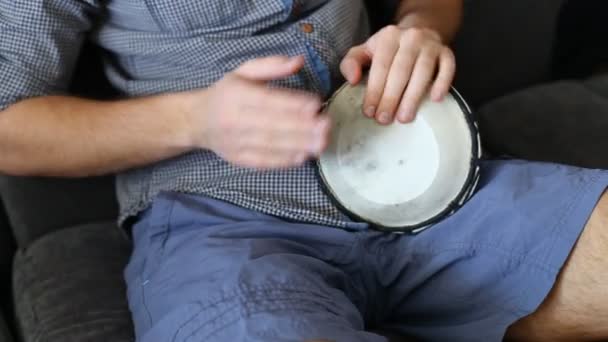 Playing Bongo drum close up HD stock footage. Hand tapping a Bongo drum in close up. — Stock Video