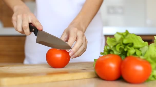 Woman hands slicing tomato in kitchen — Stock Video
