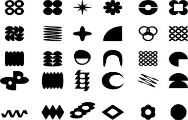Geometrik gaddarlık şekilleri ve desenleri. Soyut gaddar unsurlar. Minimalist Memphis tasarımı, etiket paketi, y2k, estetik siluetler. 