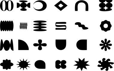 Beyaz arkaplanda soyut geometrik siluet simgeleri. Yazılı, elektronik ya da sosyal medya yükleme posterlerinde ya da afişte yeniden kullanılması kolay.