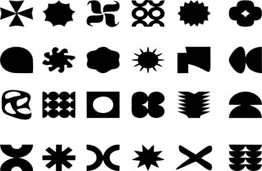 Beyaz arkaplanda soyut geometrik siluet simgeleri. Yazılı, elektronik ya da sosyal medya yükleme posterlerinde ya da afişte yeniden kullanılması kolay.