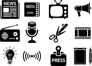 Medya ve iletişim simgeleri beyaz arka plana ayarlandı. Medya ve İnternet afişinde, elektronik ya da sosyal medyada yeniden kullanılması kolay.