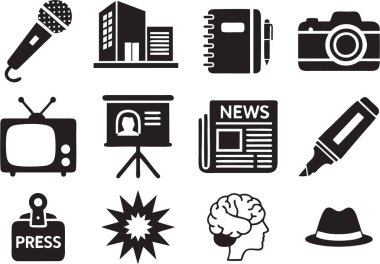 Medya ve iletişim simgeleri beyaz arka plana ayarlandı. Medya ve İnternet afişinde, elektronik ya da sosyal medyada yeniden kullanılması kolay.