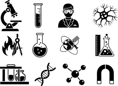 Bilim ve teknoloji ikonları beyaz arkaplana dizildi. Bilimsel araştırmalarla ilgili poster veya afişte yeniden kullanılması kolay.