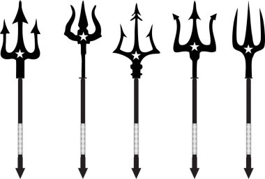 Mızraklı mızrak. Merkezi çatallı beş farklı siyah mızrak silueti..