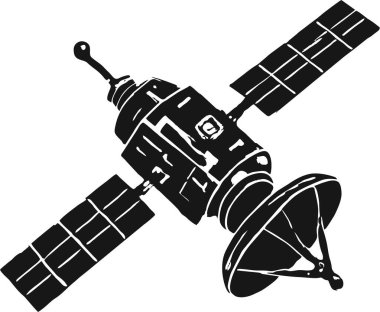 Uydu uydu antenine veri gönderir. Uydu simgesi. Resmi siyah olarak yayınlıyor..
