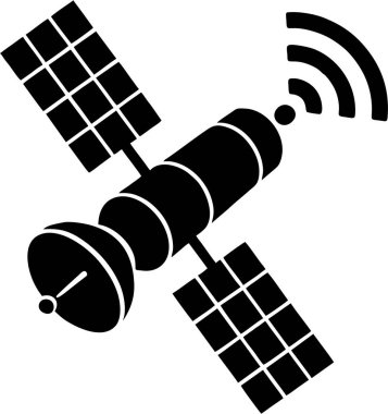 Uydu uydu antenine veri gönderir. Uydu simgesi. Resmi siyah olarak yayınlıyor..